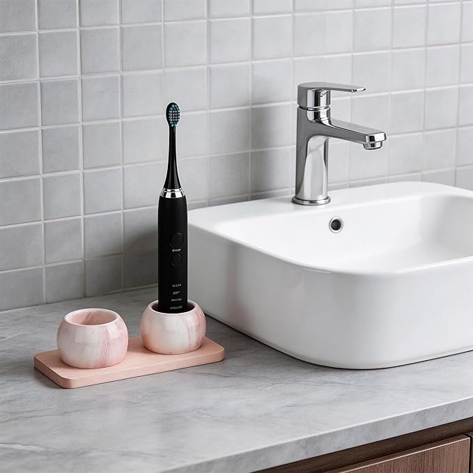 2 Pack Ceramic Toothbrush Holder with Diatomite Toothbrush Tray for Bathroom Shower Countertop Storage Organizer, Small Toothpaste Razor Electric Tooth Brush Head Stand (Pink)