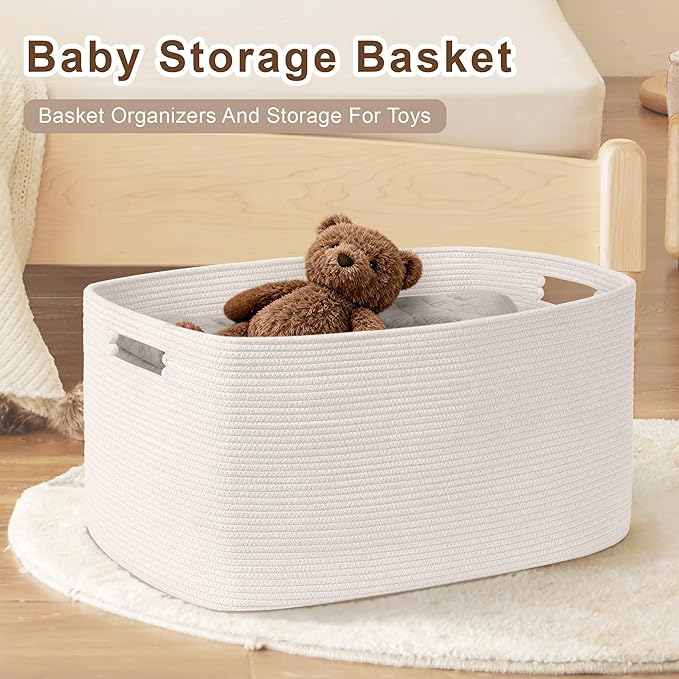 72L Large Baby Girls Laundry Basket for Nursery Storage,Cute Woven cotton Rope Baskets for Kids Toy，Gifts,Boho Square Wicker Blanket hamper for Living Room,Bedroom Dirty Clothes, White