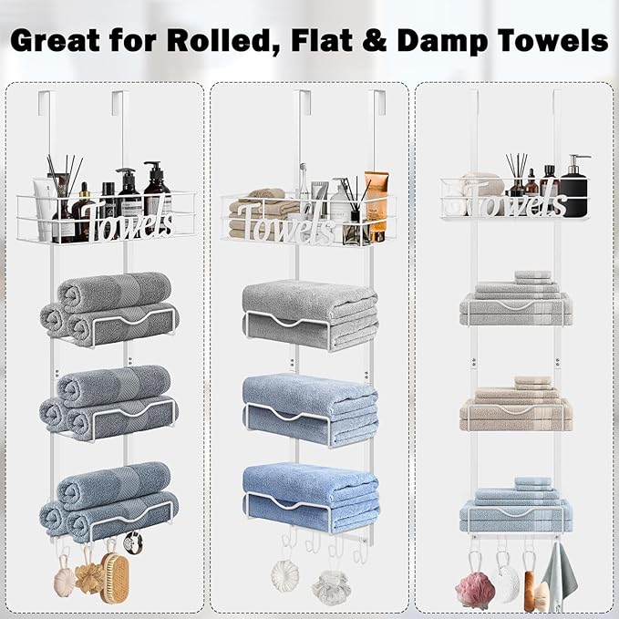 Over The Door Towel Racks, No Drill Towel Storage with Basket & Hooks, Space-Saving Multi-Functional Towel Holder for Bathrooms, bedrooms, Apartments, RVs (White, 5 Tier)