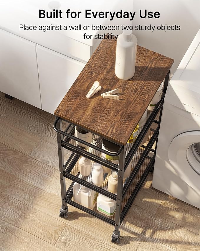 Pipishell Slim Storage Cart with Wheels, 4 Tier Rolling Bathroom Storage Cart with Handle and Wood Top, Metal Slim Kitchen Cart for Laundry Room, Bathroom, Kitchen, Narrow Space, Black & Rustic Brown