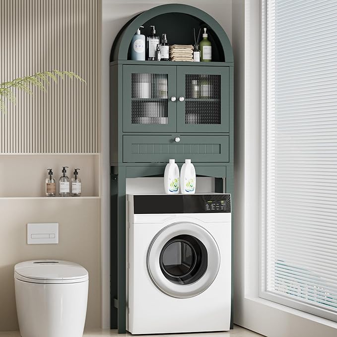 Spurgehom Over The Toilet Storage Cabinet, Bathroom Shelf Organizer Freestanding, Bathroom Arch Cabinet Over Toilet with Glass Door and Anti-Tipping Device, Green