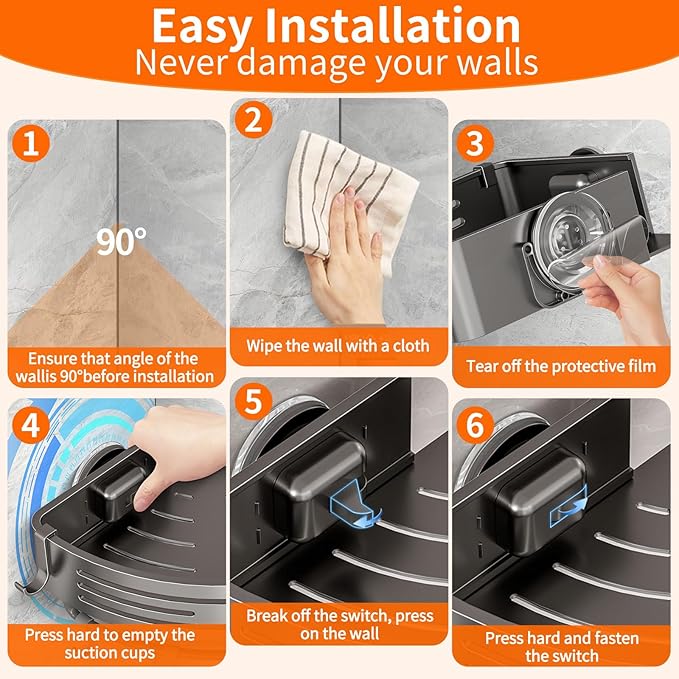 Corner Shower Caddy Suction Cup, Shower Shelves Organizer for Bathroom Storage, Aluminum No-Drilling Removable Rustproof Shower Shelf Rack with Towel Bar & Hooks (Gray)