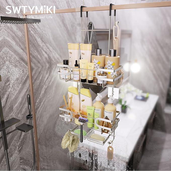 SWTYMIKI Over The Door Shower Caddy - Stainless Steel Hanging Shower Organizer With Soap Holder & 16 Hooks No Drilling Hanging Caddy Over Door To Organize Bathroom Essentials, Sand Nickel