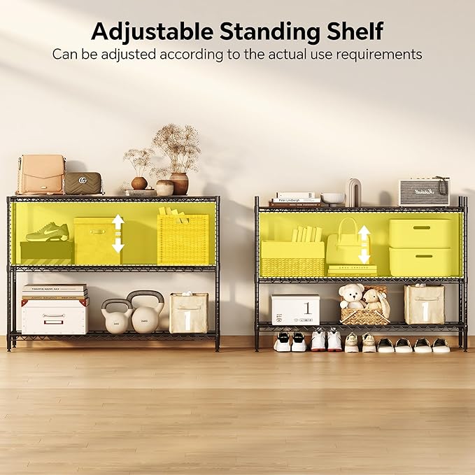 Homeiju 3-Tier Kitchen Storage Shelf, 41" Wide Adjustable Standing Metal Shelving Unit with Removable Wooden Boards, Heavy Duty for Pantry, Bathroom, Garage, Entryway, Plant Stand, Black