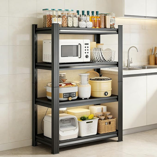 4-Tier Kitchen Shelf Organizer, Metal pantry shelves, Adjustable Storage Rack, Heavy Duty Metal Shelves for Pots, Pans, Bottles & Pantry Goods, Space-Saving, Black (63"H x 35.4"W x 17.7"D)