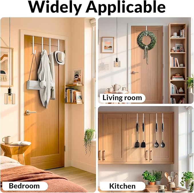 Over The Door Hooks 4 Pack, Heavy Duty Door Hanger Hooks with Non-Slip Pads, Stainless Steel Over Door Hook Organizer Holds up to 30LB Each for Towels, Coats, Bags & Hats