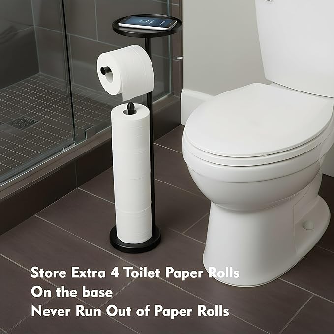 Toilet Paper Holder with Shelf, Tissue Roll Holder Stand with Storage Space for Holding Extra 4 Toilet Paper Rolls, Stainless Steel Rustproof Freestanding (Black Matte)