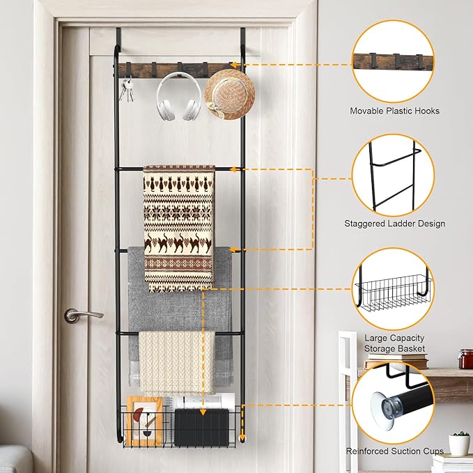 Over The Door Towel Rack,5-Tier Over Door Towel Racks for Bathroom,Towel Rack with Hooks and Basket Door Hanging,Blanket Ladder for Living Room Black