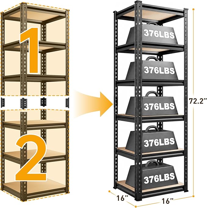 REIBII Storage Shelves 6 Tier Garage Shelving, Adjustable Shelving Units Loads 2256LBS, Narrow Shelves Units and Storage for Kitchen, Pantry, Garage, Closet, Basement, 16" W x 16" D x 72.2" H