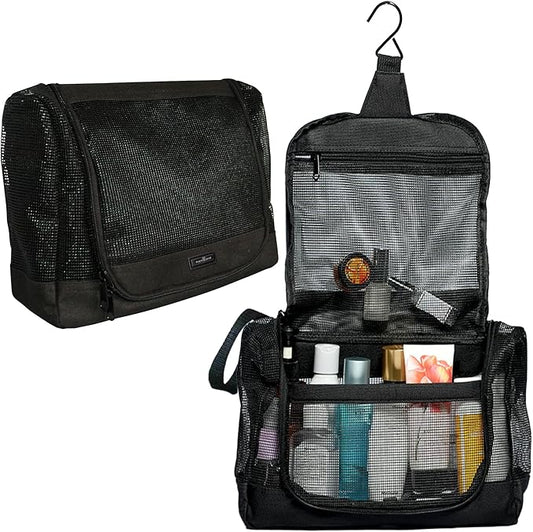 The Fine Living Portable Latex Mesh Shower Caddy Tote Bag, Gym Shower Caddy Hanging Organizer with Metal Hook, Dorm Room Essentials, Travel Toiletries, Camping RV Essentials, Black 12”x3”x8”