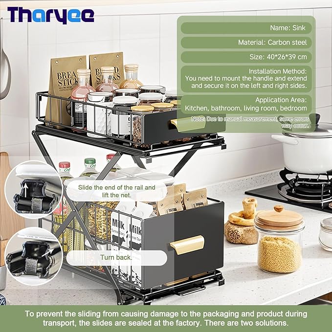 2 Tier Pull Out Pull out Cabinet Organizer with Adjustable Height, Under Sink Organizer, Slide out Pantry Shelves Drawer Storage for Kitchen Organization (Black, 2 Tier)
