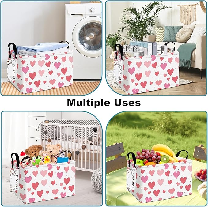Storage Bins,Nursery Hamper Canvas Laundry Basket Foldable with Waterproof PE Coating Storage Baskets for Boys and Girls, Office, Bedroom, Clothes,Toys(Rec-Colorful hearts ）