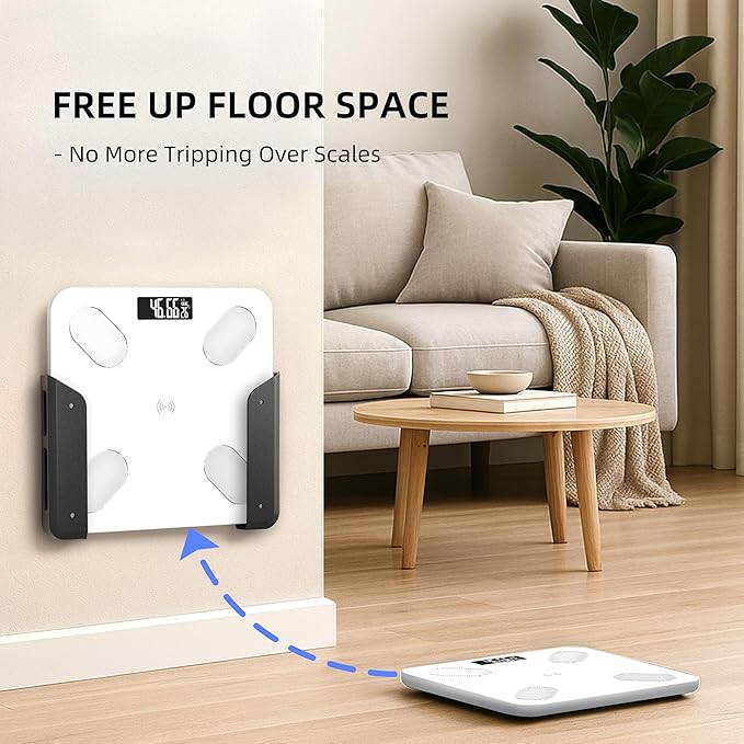 ELETIUO Wall-Mounted Scale Holder with Adhesive &Screws -Fits Most Digital Scales (Up to 1.2"/30mm Thick),Anti-Slip Silicone Pads,Space-Saving Bathroom/Bedroom Organizer-Easy to Install, Black