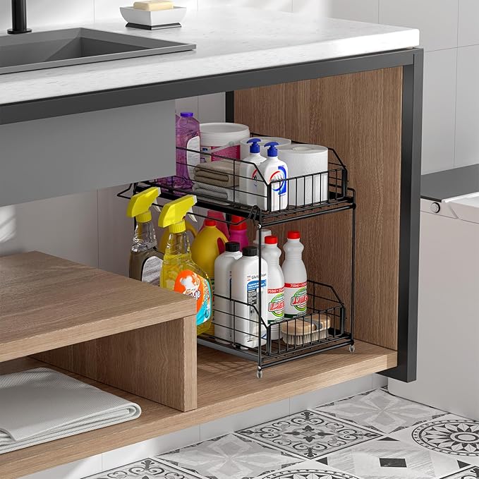 SUEH DESIGN Under Sink Organizers and Storage, 2 Tier Metal Under Sink Storage with Hanging Rail for Kitchen Bathroom Cabinet Organizer, 2 Pack