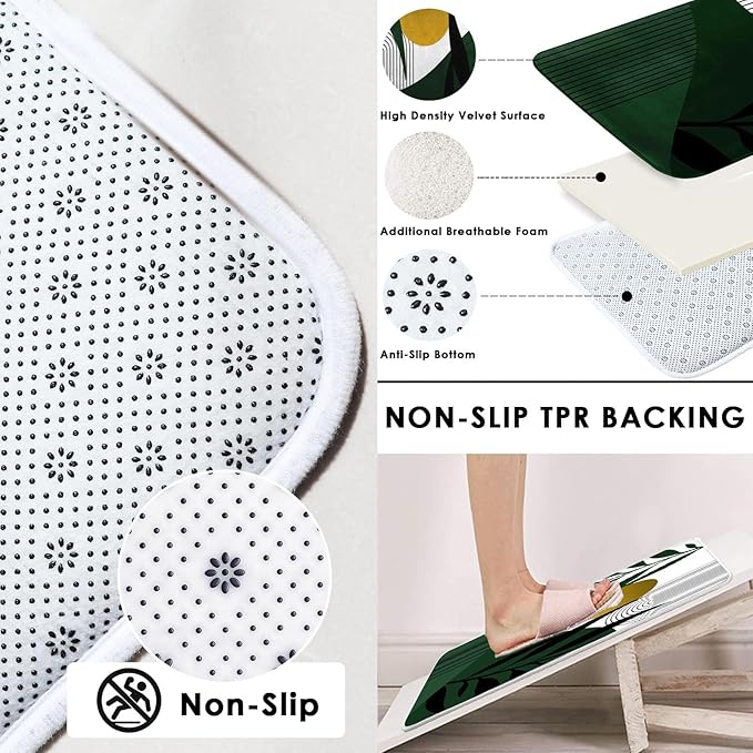 Boho Olive Green and Gold Shower Curtain Set with Toilet Lid Cover and Non-Slip Rugs, Mid Century Modern Abstract Minimalist Leaves Neutral 4 Pcs Shower Curtain for Bathroom Set with 12 Hooks