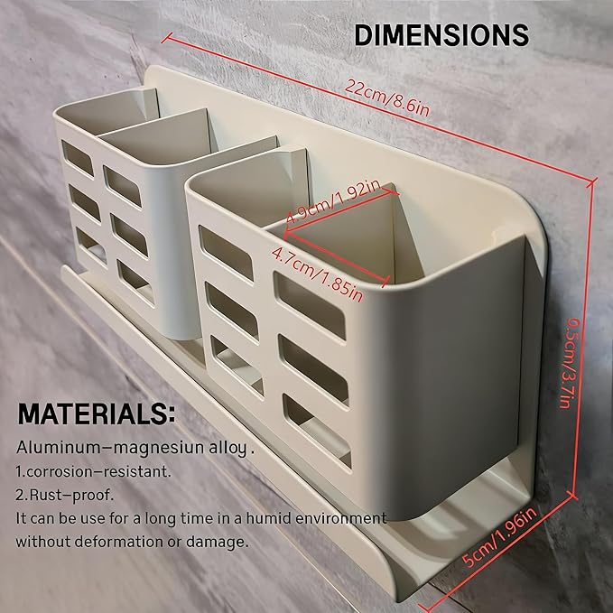 Aluminum Toothbrush Holder Self-Adhesive Wall Mount Bathroom Organizer for Toothbrush, Razor, Comb & Toothpaste. (Cream White