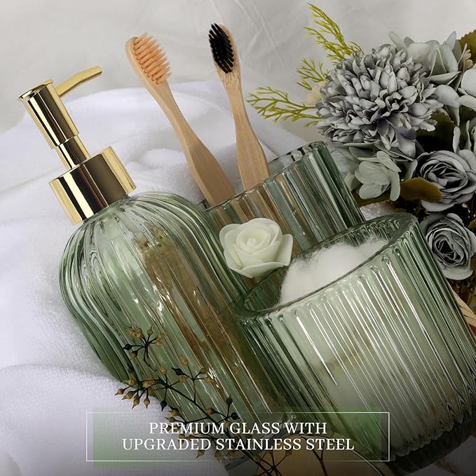 Designer Green Glass Bathroom Accessories Sets - 4 Pcs with Lotion Soap Dispenser, Bathroom Toothbrush Holder, Vanity Tray, and Apothecary Jar, Vintage Bathroom Decor
