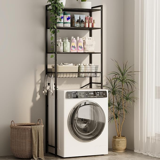 Gizoon Over-The-Toilet Storage Rack with Adjustable Shelf and Basket, 4-Tier Freestanding Space Saver Bathroom Shelves Above Toilet for Room