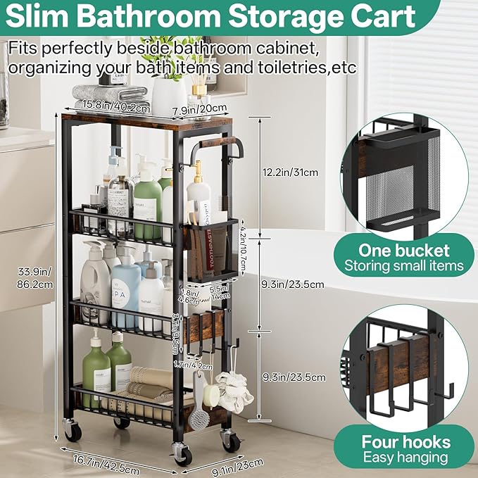 DTUQYX Slim Bathroom Storage Cart, 4 Tier Small Rolling Organizer Cabinet with Wood Top Handle, Mobile Shelving Unit Slide Out for Office, Kitchen, Laundry Room & Narrow Places (9.1" Overall Width)