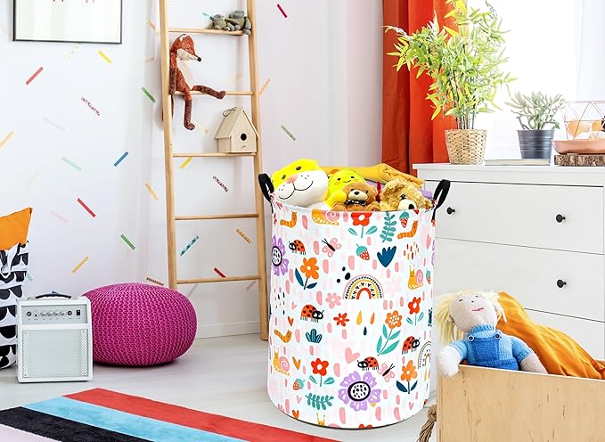 Round Ladybug Pattern Laundry Hamper Storage Basket Fabric Material Storage Hamper Organization Basket, Storage Bin, Gift Box with Handles for Room