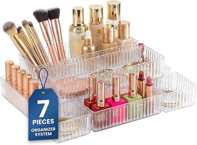 Li&Zhao 7PCS Stackable Bathroom Drawer Organizer-Clear Acrylic Drawer Organizer and Makeup Drawer Organizer with 4 Sizes 7 Grids for Vanity, Kitchen, Office Supplies