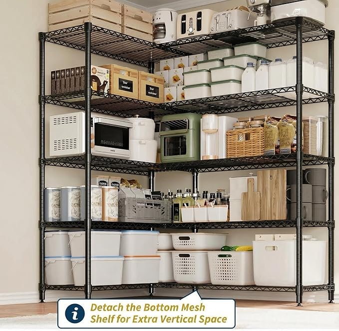 70" W Storage Shelves Metal Shelving Unit, 1325 LBS Heavy Duty Wire Shelving 5-Tier L-Shaped Storage Rack with Adjustable Shelf for Pantry Kitchen Corner