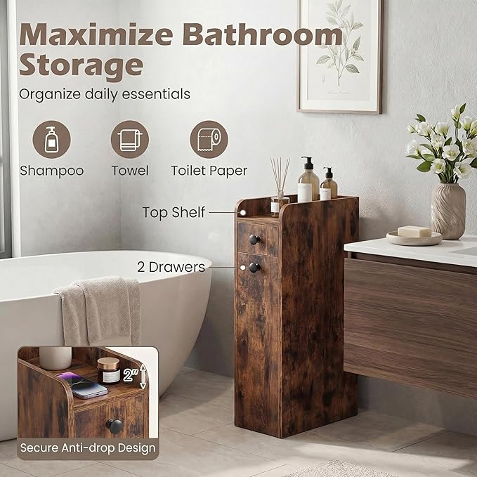 Tangkula Slim Bathroom Storage Cabinet, 4-Tier Narrow Small Side Storage Cabinet Next to Toilet, Slide Out Drawers on Casters, Floor Organizer Toilet Paper Holder for Small Spaces (Rustic Brown)