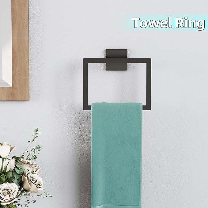 5-Pieces Matte Black Bathroom Hardware Accessories Set, 24 Inch Stainless Steel Towel Racks for Bathroom, Towel Bar Set Towel Ring Coat Hook and Toilet Paper Holder with Shelf Wall Mounted