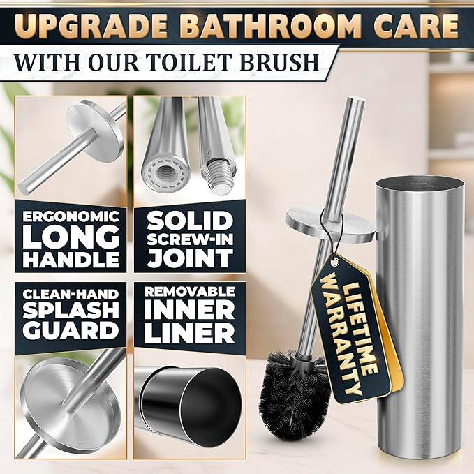 Stylish Stainless Steel Toilet Brush and Holder Set - Silver Toilet Bowl Brush and Holder with Splash Cover, Sturdy Bristles, Corrosion & Scratch Resistant - Elegant Design, Effective Deep Cleaning
