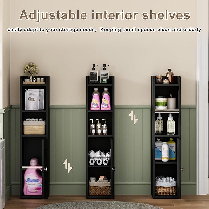 ChooChoo Small Bathroom Storage Cabinet, 7.1“W * 7.9”D Corner Floor Cabinet with Door and Adjustable Shelf, Narrow Toilet Paper Cabinets, Slim Bathroom Organizers for Small Spaces and Bathroom, Black