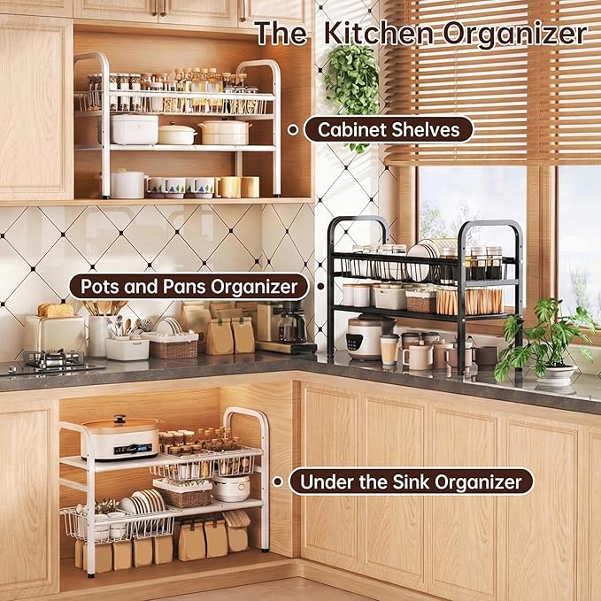 Under Sink Organizer Bathroom Expandable 2 Tier,Bathroom Cabinet Organizer,Adjustable Black Cabinet Shelf for Kitchen Bathroom Laundry,Under Sink Storage Rack with Removable Baskets and Panels