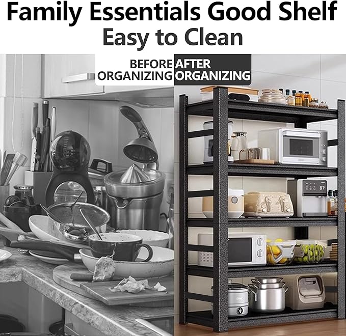 5-Tier Kitchen Shelf Organizer, Solid Metal Adjustable Storage Rack for Pots, Pans, Bottles & Pantry Goods, Space-Saving, Black 72''H×35.4''W×15.7''D