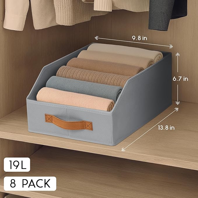 Homsorout Fabric Storage Bins for Organizing - 8 Pack Large Trapezoid Collapsible Storage Bins with Front Handle, Closet Organizers and Storage for Bedroom, Home Shelves, Small Spaces, Grey