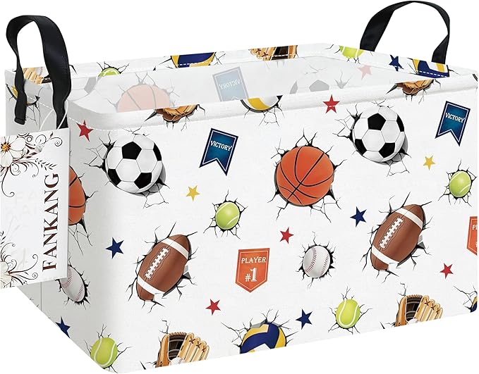 Storage Bins,Nursery Hamper Canvas Laundry Basket Foldable with Waterproof PE Coating Storage Baskets for Boys and Girls, Office, Bedroom, Clothes,Toys(Rec-3D Sports Balls ）