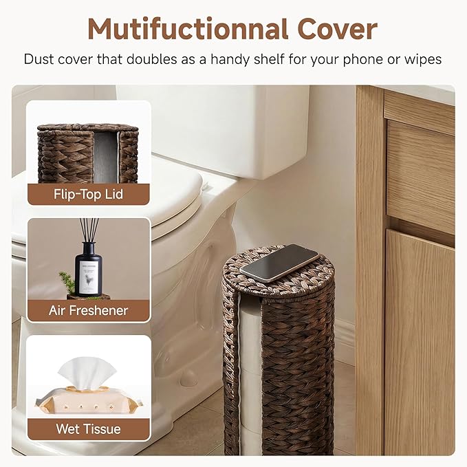 StorageWorks Free Standing Wicker Toilet Paper Holder Stand for Bathroom Storage, Decorative Water Hyacinth Toilet Paper Storage with Lid, 3 Rolls of Tissue Holder with a Built-in Cloth Lining, Brown