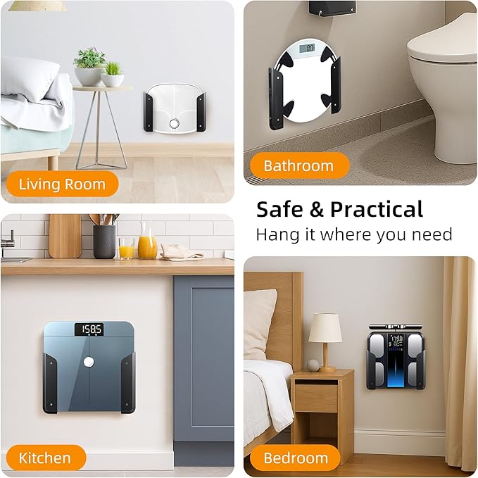 ELETIUO Wall-Mounted Scale Holder with Adhesive &Screws -Fits Most Digital Scales (Up to 1.2"/30mm Thick),Anti-Slip Silicone Pads,Space-Saving Bathroom/Bedroom Organizer-Easy to Install, Black