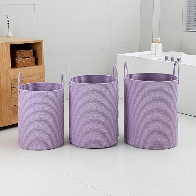 Laundry Basket Hamper Tall Rope Storage Woven for Blanket toys Dirty Clothes in Living Room Bathroom Bedroom (Purple, 100L/26.4Gal)