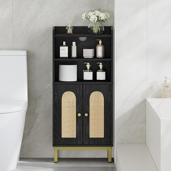 Hzuaneri Bathroom Storage Cabinet, Small Floor Cabinet with 2 Door and Shelves, Toilet Paper Cabinets, Bathroom Organizer with Adjustable Shelf, for Small Spaces Rattan Black 7.1" Dx14.6 Wx32.7 H