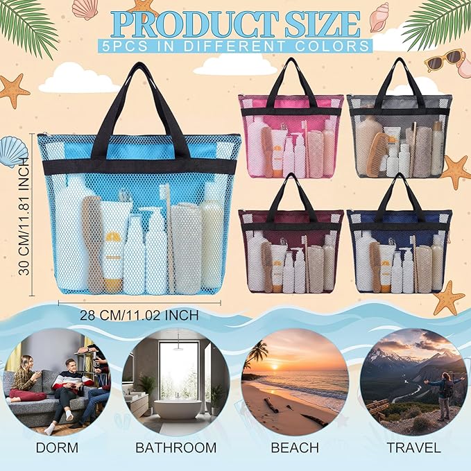 Tudomro 5 Pcs Mesh Shower Bag Caddy Tote Portable Quick Dry Tote Bag Lightweight Hanging Toiletry Bath Organizer for College Dorms Gym Swimming Beach Travel Games Sports (Black Handle)