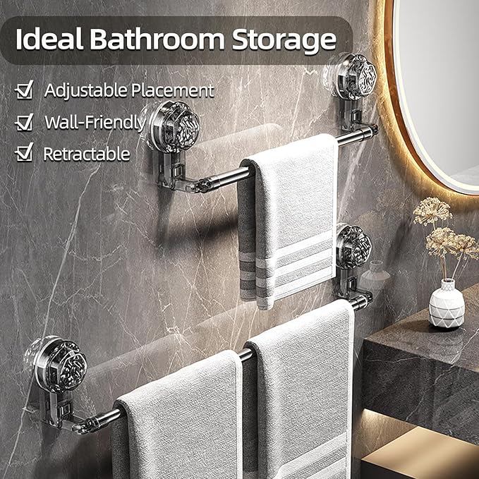 Adjustable Suction Cup Towel Rack, 11.8-23.6 Inch Extendable Towel Bar for Bathroom, Rustproof Telescopic Towel Hanger Wall Mounted Without Drilling, Strong Hold Shower Towel Storage