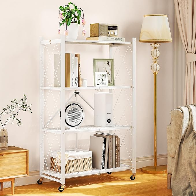 Foldable Metal Storage Shelf with Wheels 4 Tier Heavy Duty Utility Rack 750lbs Capacity Easy Assembly Portable Black Shelving Unit for Kitchen Garage Living Room Office(White-A, 4-Tier)