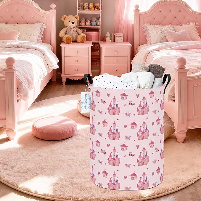Girl Laundry Basket Canvas Fabric Collapsible Organizer Basket for Storage Bin Toy Bins Gift Baskets Bedroom Clothes Children Nursery Hamper (Pink Castle)