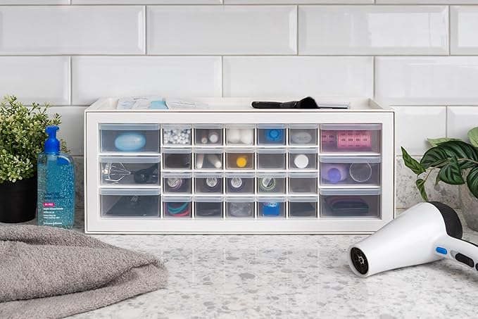 IRIS USA 26-Drawer Teacher Toolbox, Made in USA, Stackable Plastic Storage Drawers for Crafts, Stickers, Crayons, Markers, Beads, Hardware, Building Bricks, Organizer Cabinet, Garage Storage, White