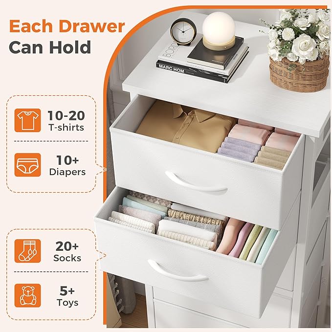 Sweetcrispy Tall Fabric Dresser for Bedroom, 6 Drawer Skinny Chest of Drawers, Narrow Storage Tower with Wood Top and Metal Frame, Vertical Nightstand for Closet, Bedroom Organization Furniture, White