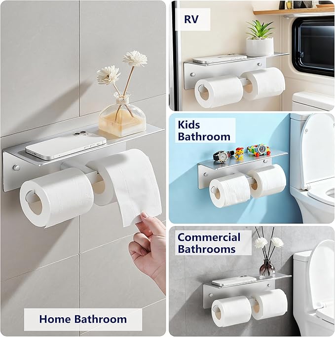 Toilet Paper Holder with Shelf, Adhesive Double Tissue Roll Holder Wall Mounted for Bathroom, Silver