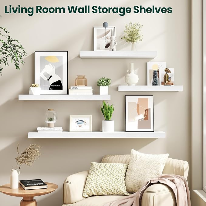 Floating Shelves for Wall 36 in x 9.3 in Deep, Wall Mounted Rustic Wood Shelf with Invisible Brackets for Storage & Display, Living Room Bedroom Bathroom, White, 2 Pack