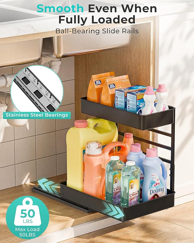 EVERIE Height Adjustable 2 Tier Metal Pull Out Slide Shelf Organizer for Under Sink Cabinets in Kitchen, Bathroom, with Snap-on Top Tray, 16" Deep (Black, 2 Sets) | Pull Out, Slide Shelf