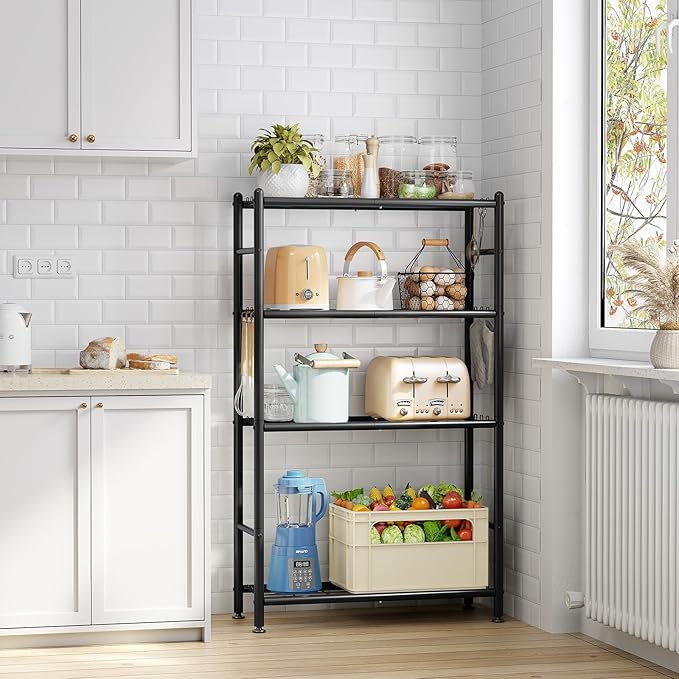 APEXCHASER Metal Shelving, 4-Tier Storage Shelves Large Capacity Steel Wire with Hooks, Adjustable Leveling Feet, Space-Saving Shelf Organizer for Pantry, Laundry, Kitchen (33''Lx12.6''Wx57''H)
