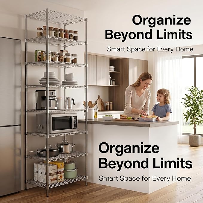 Finnhomy Heavy Duty 8 Tier Wire Shelving, 24x24x80.3 inches 8 Shelves Storage Rack with Thicken Steel Tube, Pantry Shelves for Storage, Adjustable Metal Shelving Unit, NSF Certified, Chrome