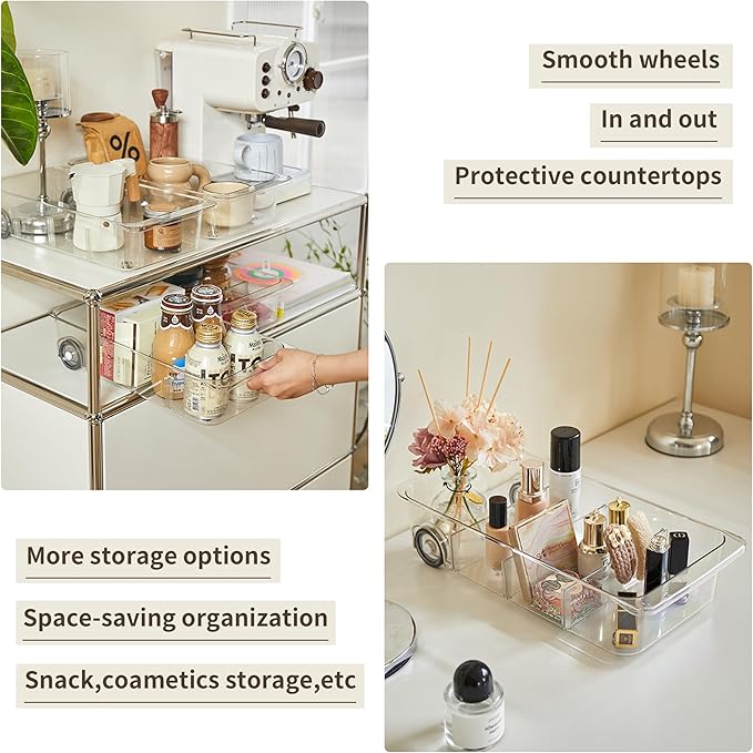Attelite 3 Pack Fridge Organizer on Wheels,Roll Out Refrigerator Organizers and Storage Clear Design with Dividers,Upgrade Thick Plastic Storage Bins with Wheels, Kitchen Organization